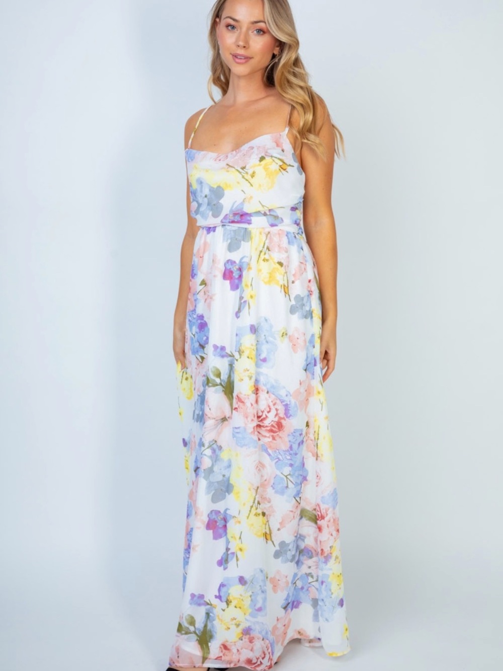 Pastel Floral Spaghetti-Strap Maxi Dress